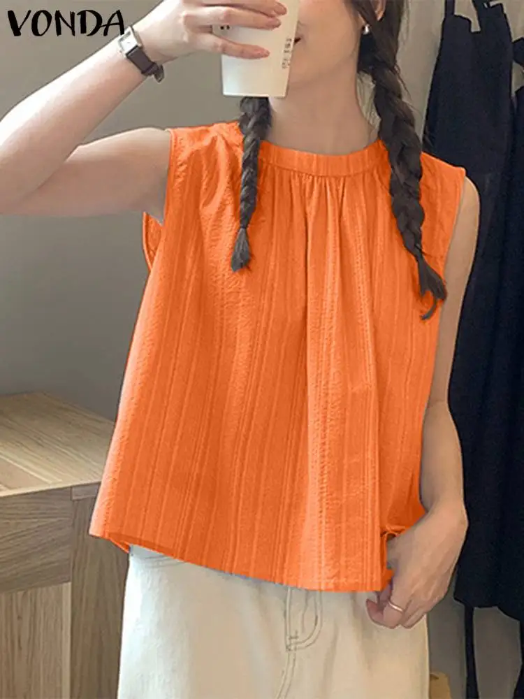 

Fashion Tanks VONDA 2024 Summer Sleeveless Tops Women Solid Color Blouses Casual Shirts Camis Loose Blusas Feminina Tees Baggy