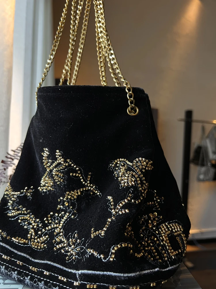 NEW Velvet Embroidered Handmade Commuting Underarm New Shoulder Bag Women Artistic Ancient Style Black Tote Bag