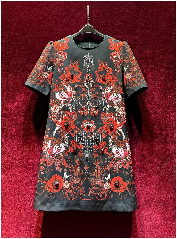 

European and American women's clothes 2024 spring new Round neck Short sleeve vintage red print studded with beads Fashion dress