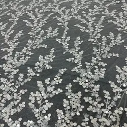 Gentle Flowers Sequince Lace Cotton Embroidery Tulle Mesh Off White Wedding Dress Lace Fabric Material 130CM Wide