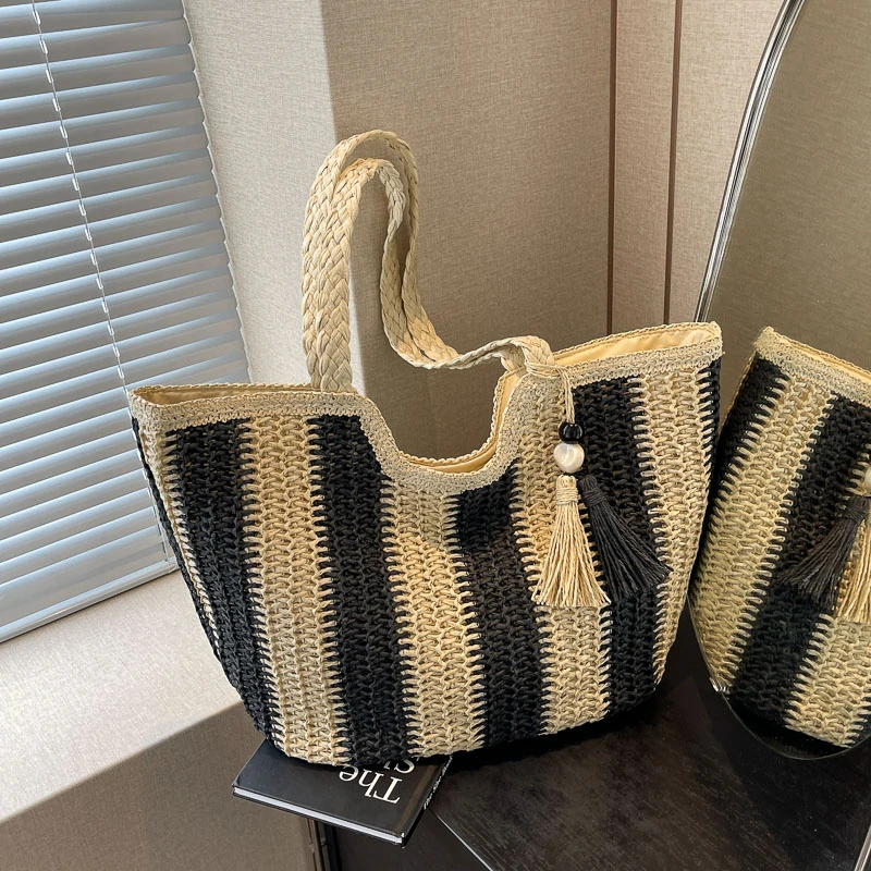 Casual Stripes Straw Braid Shoulder Bags Tassel Zipper Large Capacity Grace Summer Tote Bags for Women 2024 Fashion Versatile