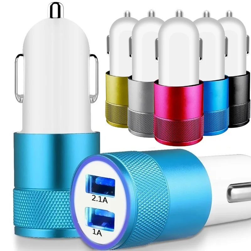 

100pcs (max )2.1A+1A Aluminum Alloy Dual Ports Car Charger Auto power Adapters For IPhone 12 13 14 Samsung S22 S23 htc lg