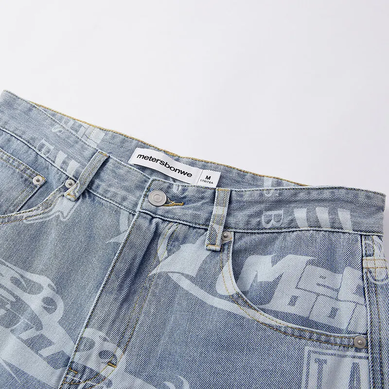 Metersbonwe Jeans Men Summer Printing Straight Denim Pants Straight Leg Trousers  New Loose Pant Male 100 Cotton Dyeing Bottoms