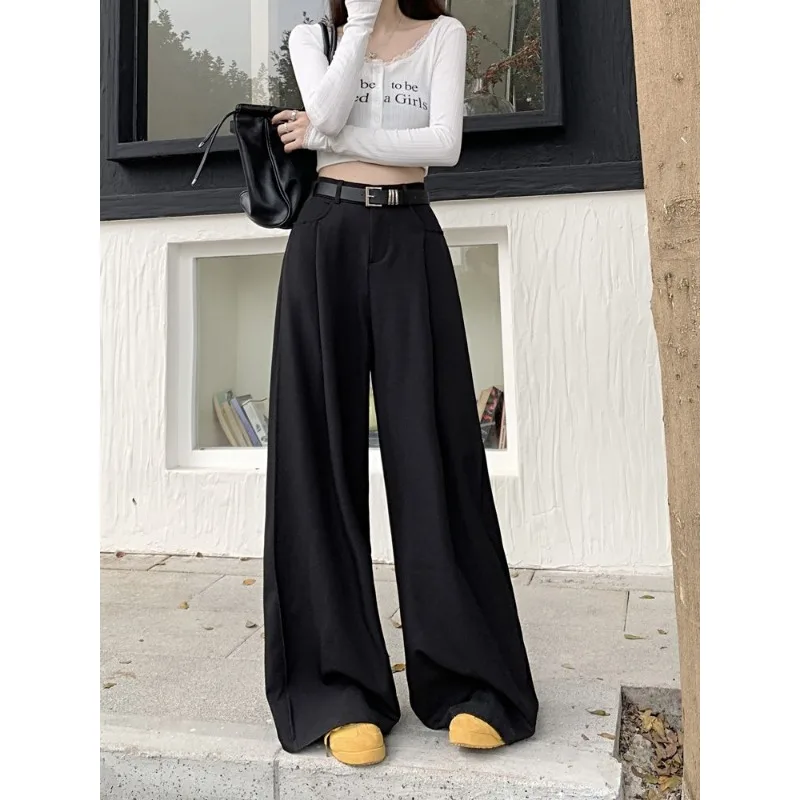 سروال بدلة للنساء في الربيع والخريف سروال جديد عالي الخصر فضفاض وتنحيف واسع الساق