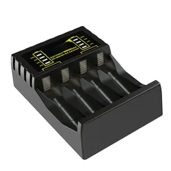 Intelligent 4 - Slot Fast Charge Battery Charger with Indicator and USB - C/Micro USB Compatibility (Black)