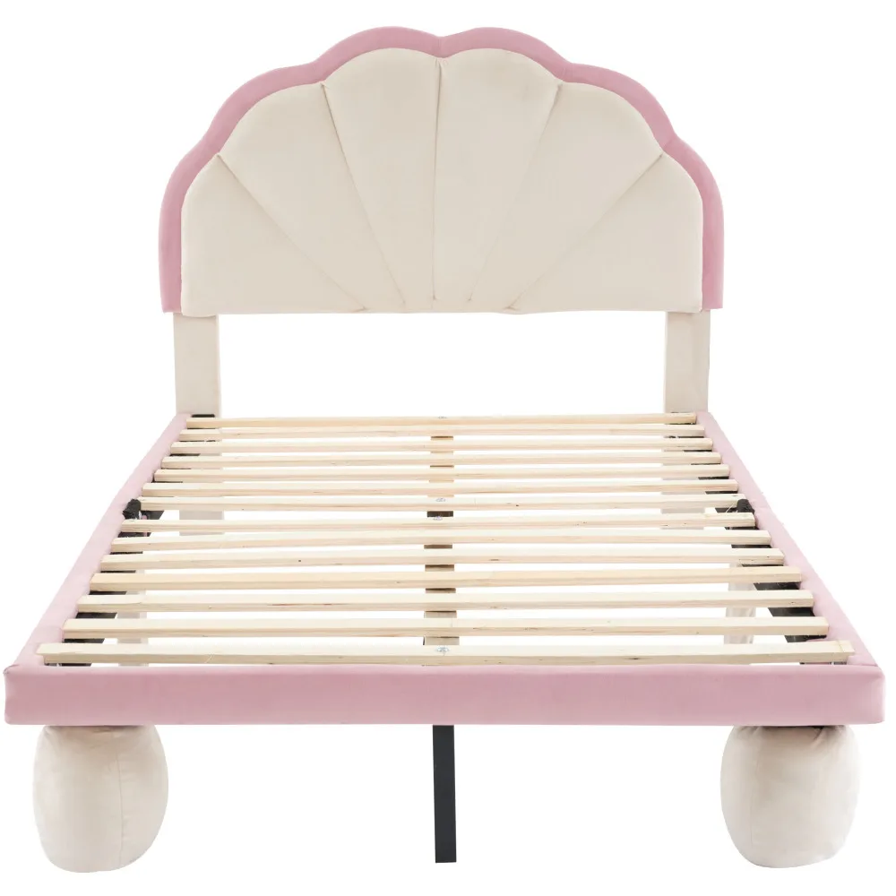 PINGGO Samt-Kinderbett Einzelbett Gepolstertes Bett mit LED-Beleuchtung Wellenförmiges Kopfteil Holzlatten Runde Beine 90x200cm Ohne Matratze – Detail 8