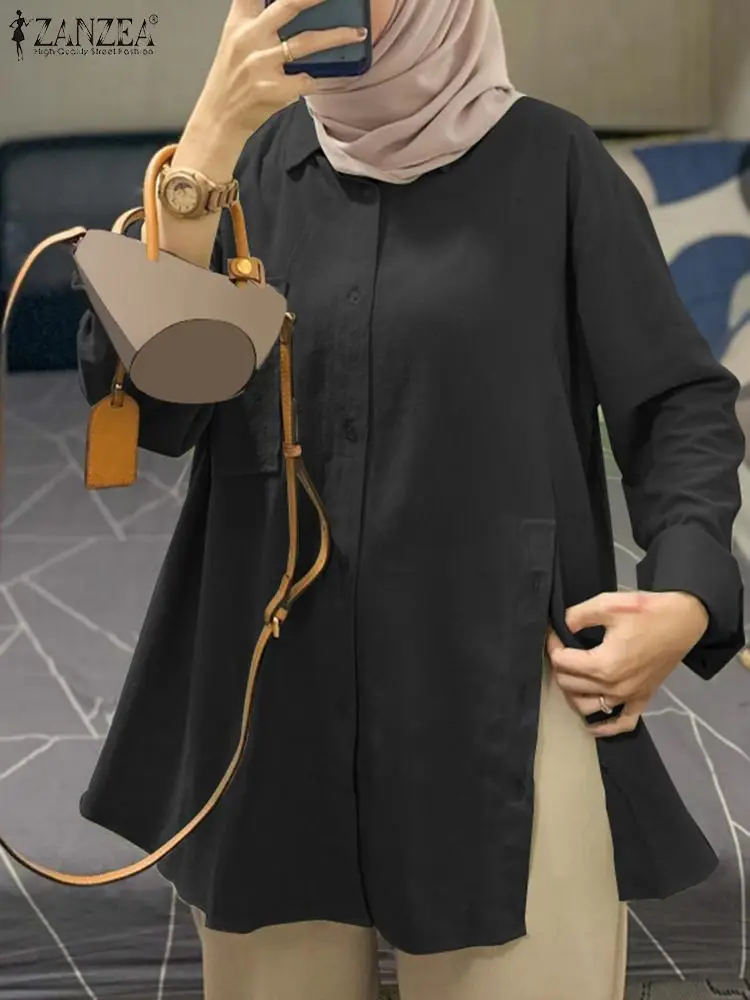 

ZANZEA Women Shirt Causal Loose Long Sleeve Blouse Muslim Fashion Hijab Tops Turkey Abaya Islamic Clothing Solid Blusas Femme