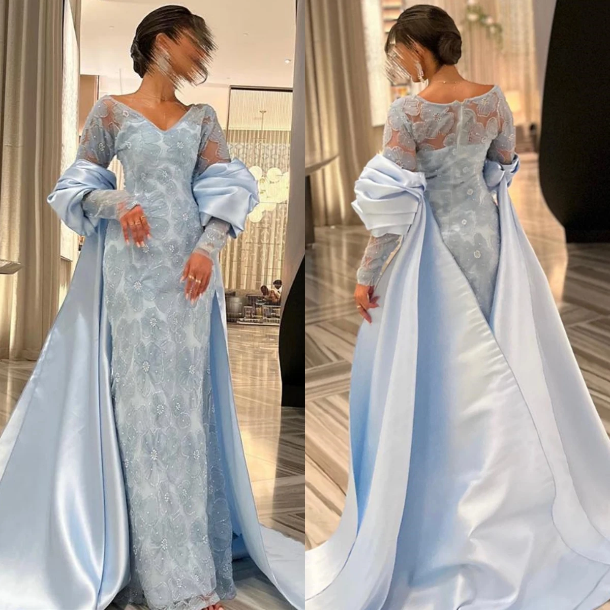 

Prom Dresses Eleagnt V Neck Mermaid Flower Lace Party Dress Floor Length Long Sleeve Formal Evening Gowns فساتين سهرة 드레스