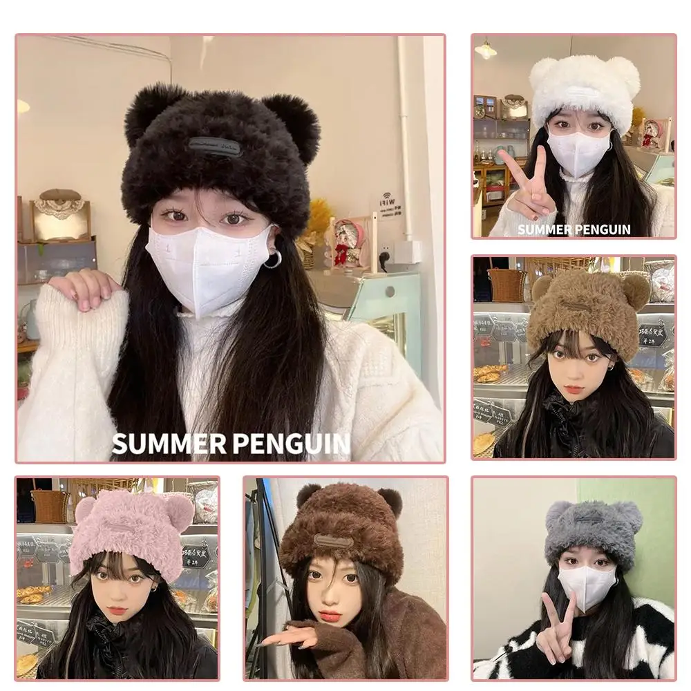 

Bear Ears Plush Beanies Hat Winter Cute Warm Thicken Girl Version Sweet Protection Cap Versatile Korean Ear Knitted Teens C D8X2
