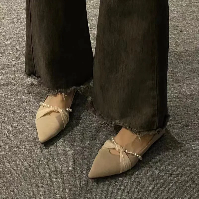 

Женские туфли на плоской подошве, однотонные туфли из флока с острым носком, без застежки, с бусинами, на весну, 2023