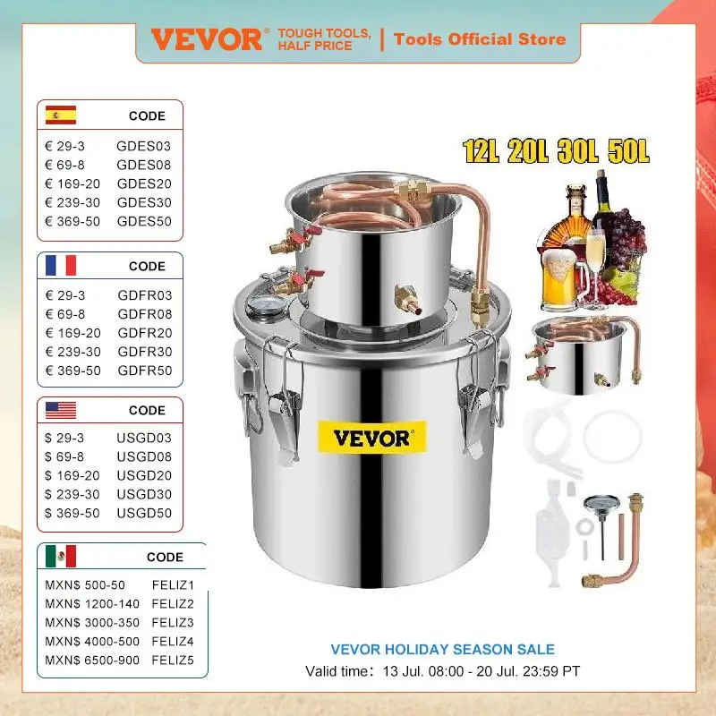 

VEVOR 3 5 8 галлонов дистиллятор аламбический самогон спирт негазированный нержавеющая медь DIY самогон вода вино эфирное масло пивоваренный набор