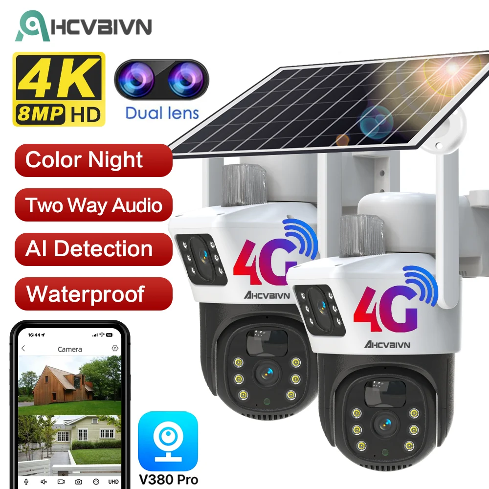 Gift 4G Sim Card Dual Lens Solar Panel Camera Outdoor 8MP Camaras PIR  Detection Night Vision Security Protection Built in Batter