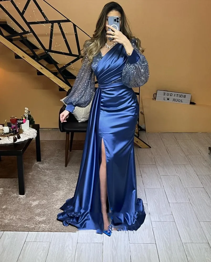 

ANGELSBFRIDEP Dark Blue V-Neck Long Sleeves Prom Dress Elegant Satin Lady Arab Evening Party Formal Mother of the Bride Dress