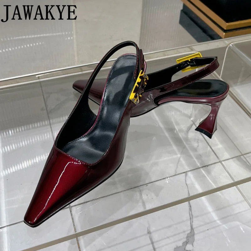 

European Brand High Heel Pumps Small Square Toe 7.5cm Heeled Slingbacks Shiny Leather Career Dress Shoes Women