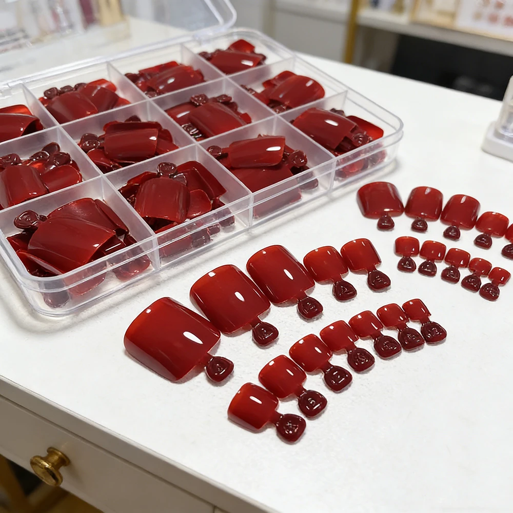 144개/박스 혼합 사이즈 와인 레드 발톱 팁 딥 레드 짧은 사각형 프레스온 발톱 풀커버 착용 가능한 광택 있는 가짜 발톱