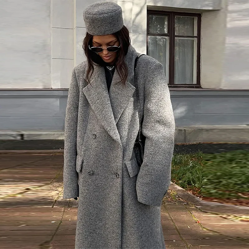 Fashion Woolen Long Coat Women Autumn Full Sleeve Button Fake Pocket Split Yellow Overcoat Elegant Oversize New in Outwear