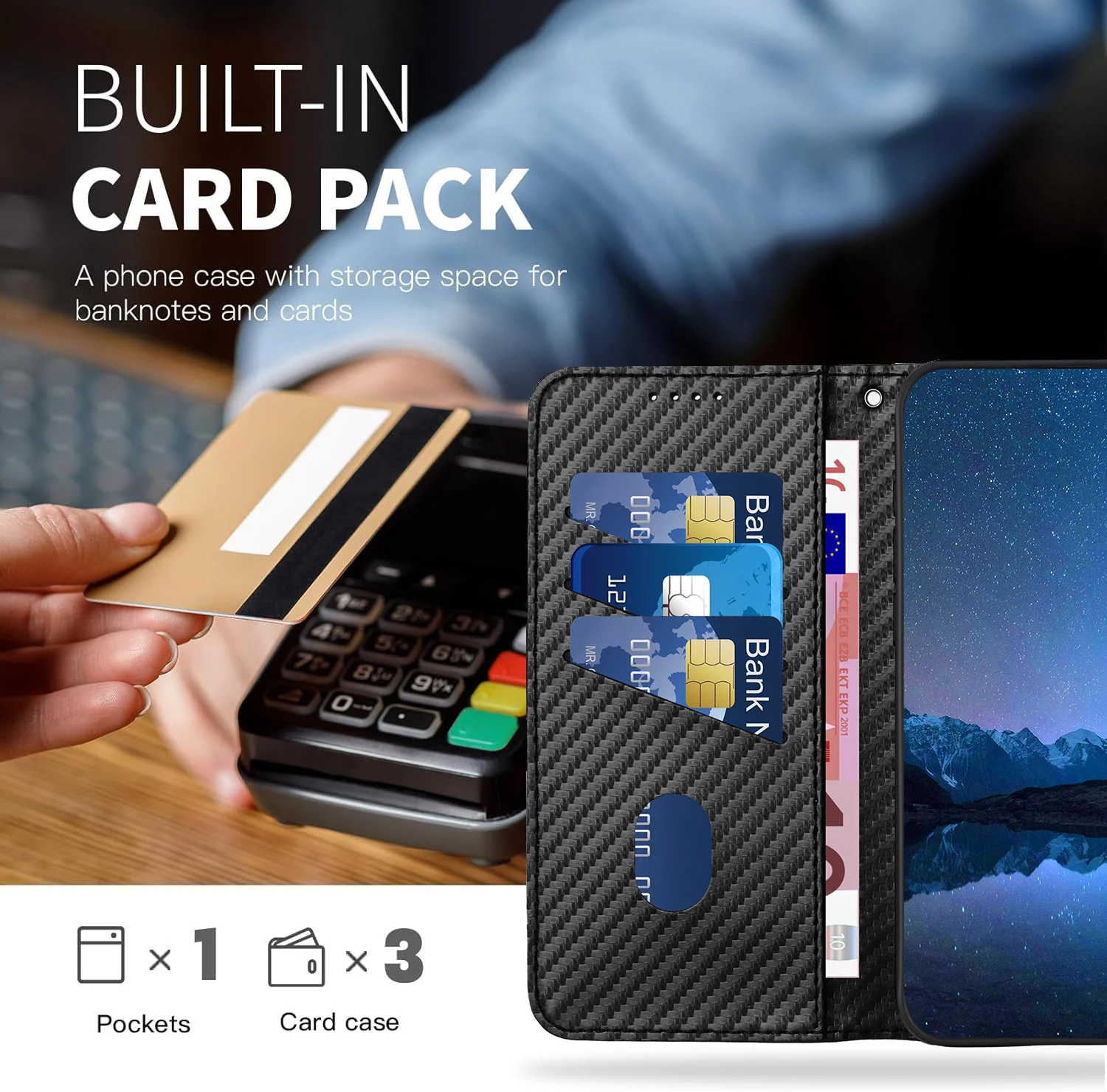 Carbon Fiber Leather Magnetic Stand Book Wallet Phone Case