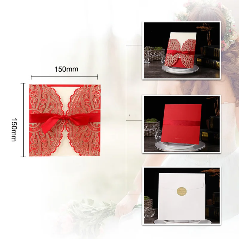 Description Picture 3 of item10Pcs Laser Cut Floral Wedding Invitations Card Lace Greeting Card Custom WIth Ribbon Birthday Engagement Wedding Party Supplies