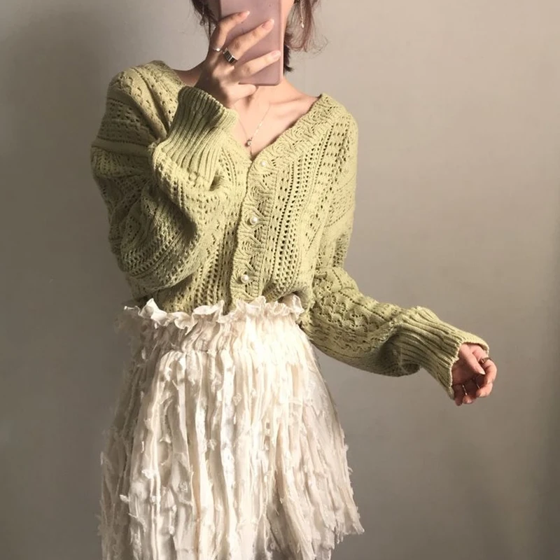 New Fashion Women's Autumn and Winter Hollow Cardigan V-neck Long-sleeved Sweater Solid Color Elegant Knitwear Casual Top