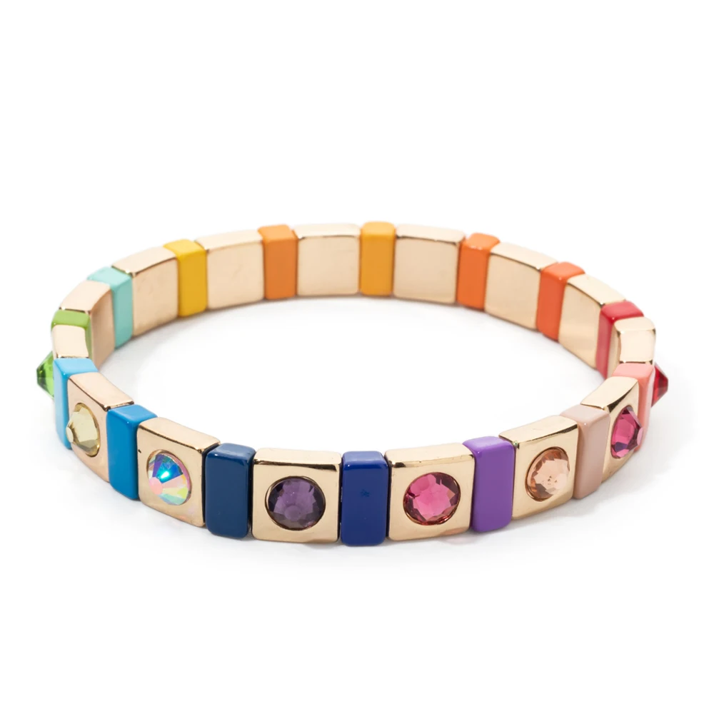 

Женские эмалевые браслеты с инкрустацией 10 мм, эластичный разноцветный браслет золотого цвета с бусинами в стиле бохо, новинка 2024