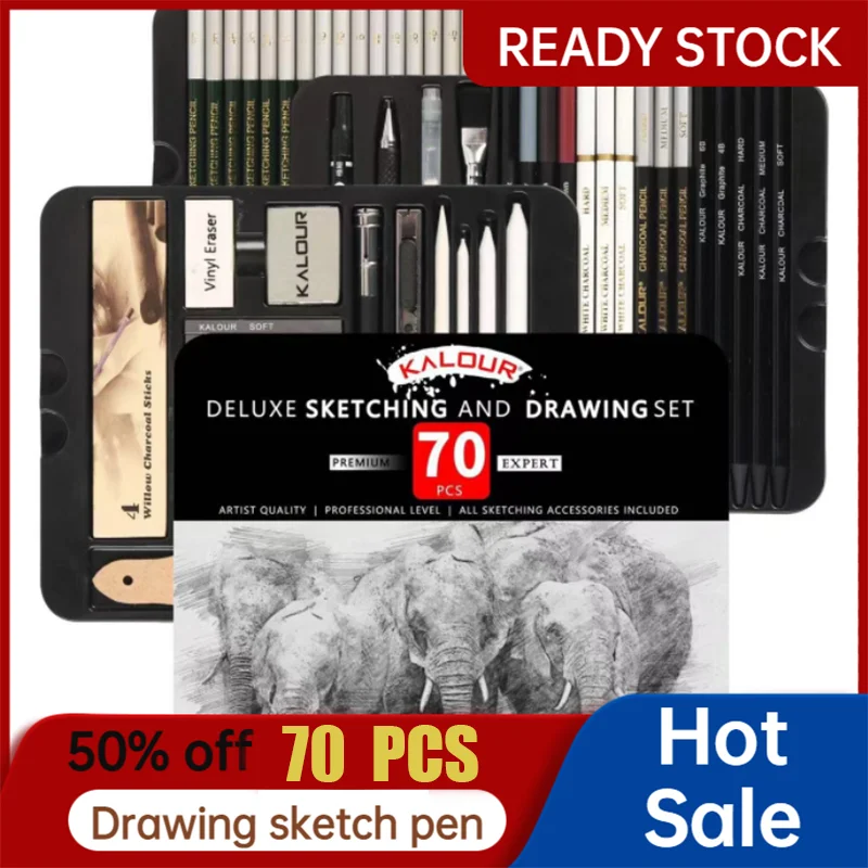 

Art Painting Pencil Set Sketch 70 Pieces of Ink Charcoal Sketch Student Tin Box Wood Pencil Tool Tin Box Artist Art Supplies