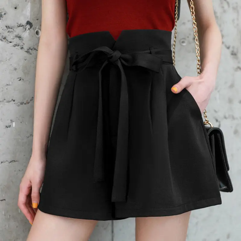 Summer Korean Thin A-line Wide Leg Shorts Solid Women Elastic High Waist Bandage Pocket Folds Breathable Loose Short Pants 2024