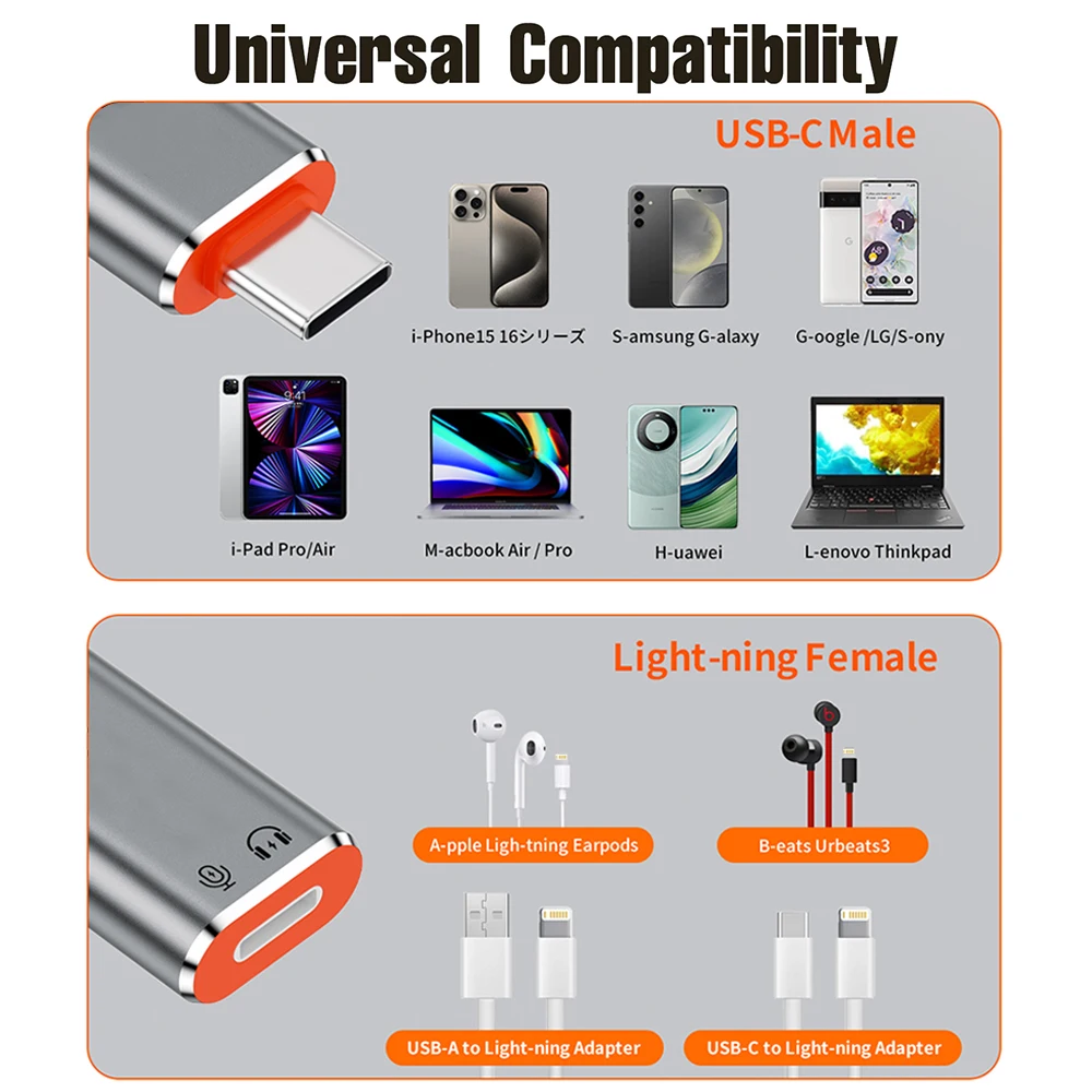 USB C 어댑터 타입-C 남성-라이트닝 여성 PD60w 고속 충전 데이터 전송 헤드폰 잭 커넥터 (휴대폰용)