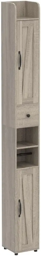 Bathroom Cabinet. Tall Narrow. Adjustable Shelf. Retractable Paper Rod. 8 Compartments. Brown Gray.