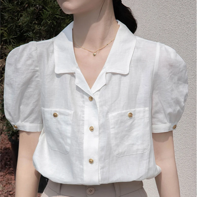 

Cotton Linen Loose Blouse Women Blusa Mujer Moda 2023 Summer Fashion Clothes Short Sleeve Pink Shirts Female Pockets Korean Tops