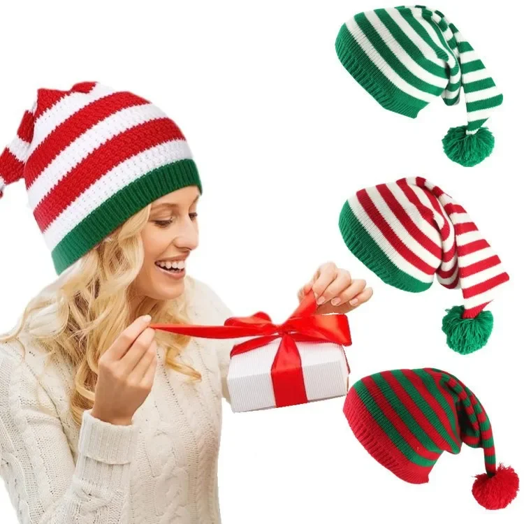

Вязаная шапка для взрослых, вязаная шапка с эльфом, Санта Клаусом, красными и зелеными полосками, вязаная крючком шапка на Рождество и новый год