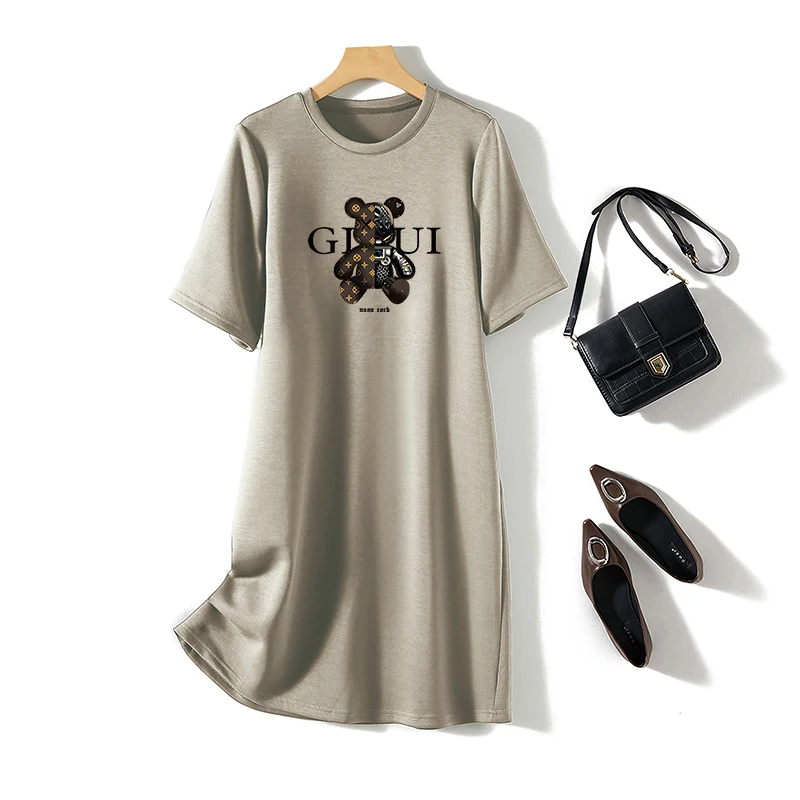 Women Cartoon Printed Tunic Office Lady Summer Cotton Short Sleeve Casual Loose O-neck Pullover Dresses 6
