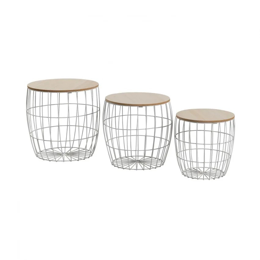 Thinia Home - Set 3 Tribal round coffee tables, metal/MDF, beige/white color, basket tables, Nordic style, dining room, lounge