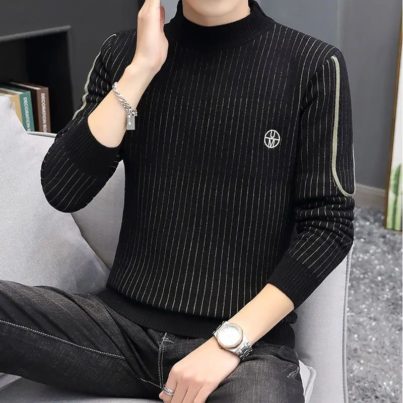 Fashion Stand Collar Spliced Embroidery Striped Sweaters Men's Clothing 2023 Winter Loose Knitted Casual Pullovers Korean Tops 4