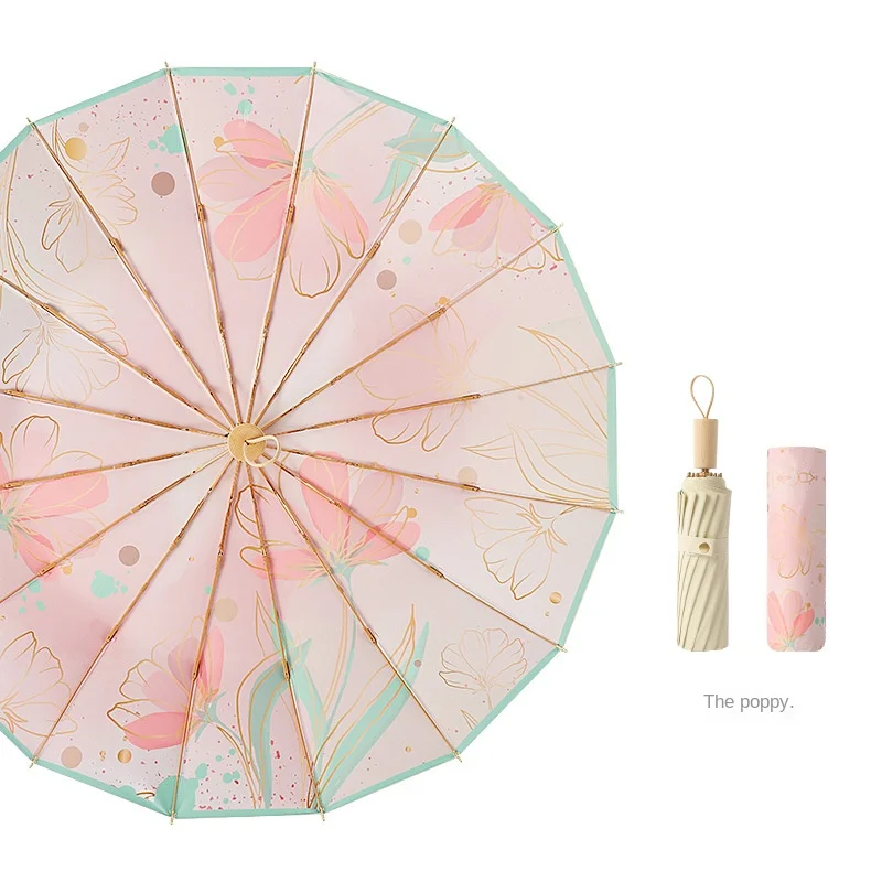 Three-fold 16-bone Color Glue Pattern Gold Pole Sun Protection UV Creative Retro Sun-shielding Umbrella