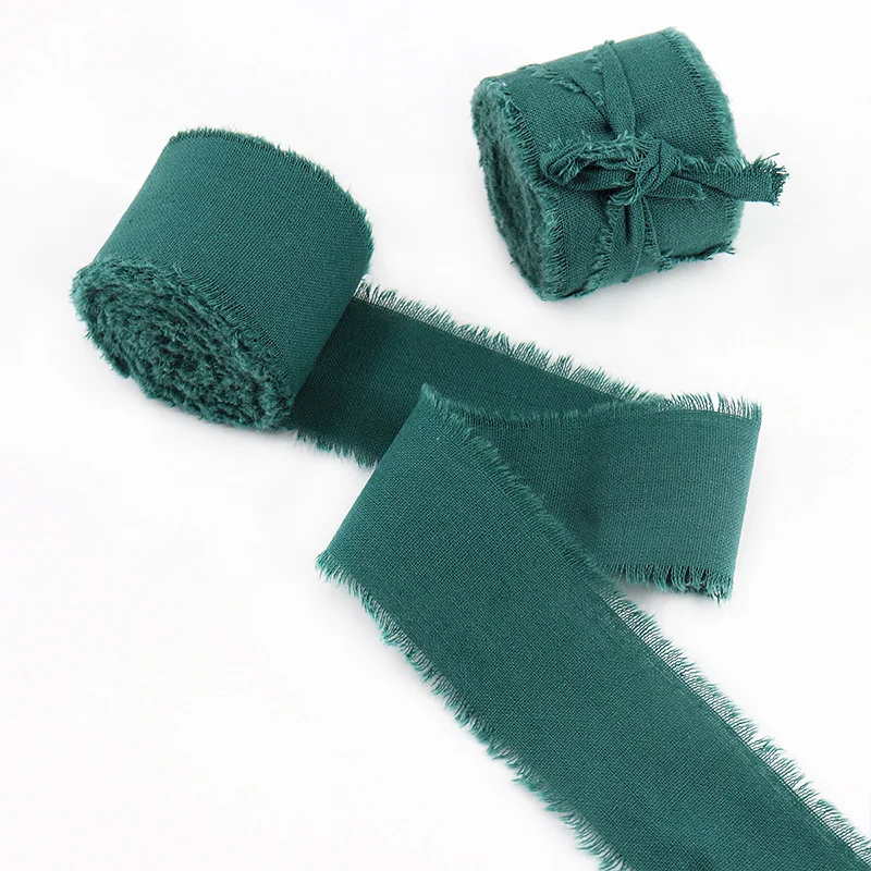 Emerald Green Frayed Edge Cotton Ribbon for Gift Packaging & Floral Bouquets – 3.8cm Wide