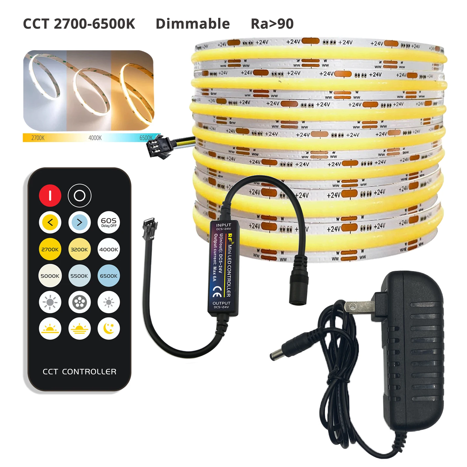 5M 24V CCT 2700K-6500K White Dimming COB LED Strip Light Kit Tape Linear Lights Tunable CRI90+ Power Supply Remote Control