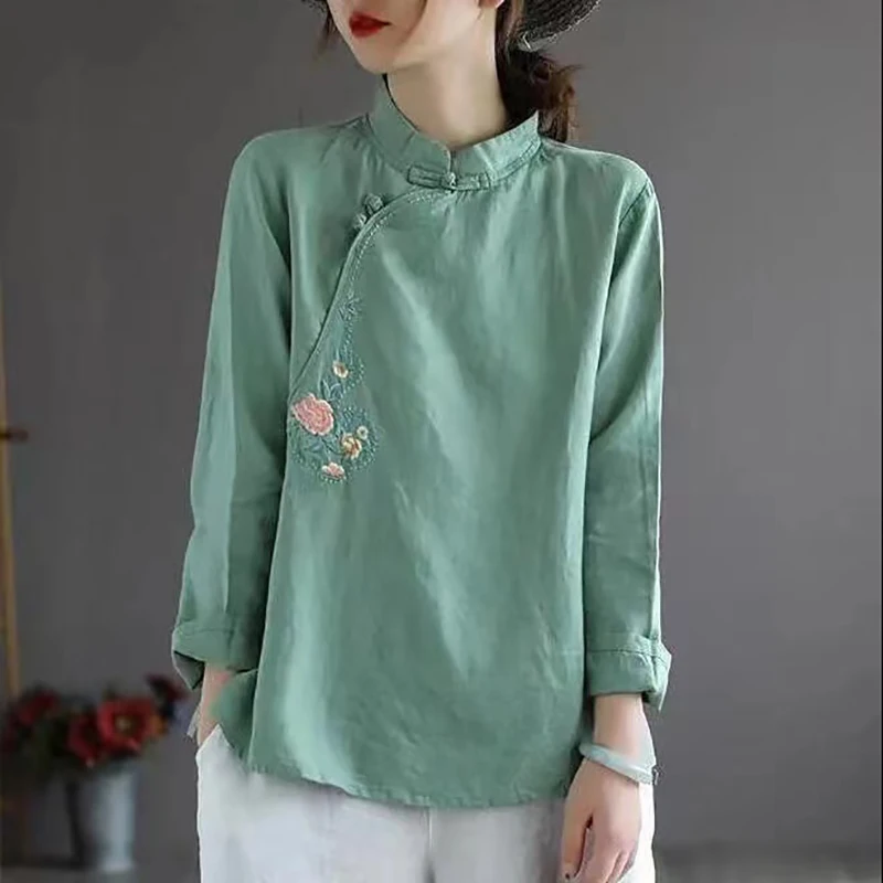 

Традиционная китайская женская одежда 2023, рубашка с рукавами Retrolong, женский топ из хлопка и льна Hanfu Qipao, этнический женский чонсам