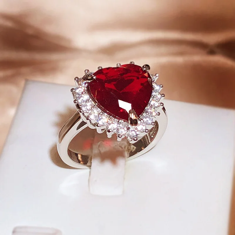 

Luxury Flower Heart Shape Ruby Full Diamond Couple Ring For Women Opening Adjustable Zircon Silver Plated Halloween Gift Jewelry