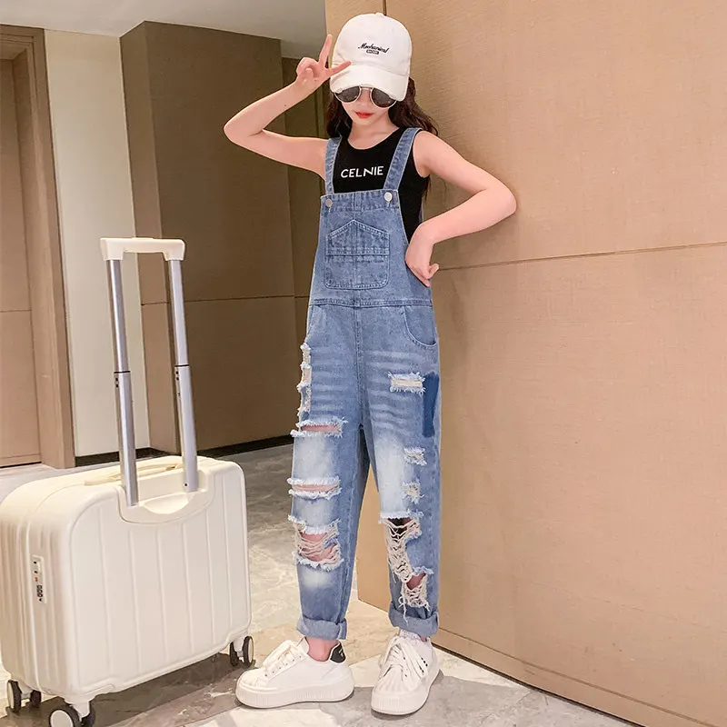 Cool Hole Jumpsuit Girls Summer Fashion Destory Ripped Jeans Overalls Kids  Streetwear Broken Costume 5 6 8 9 10 12 14Years Child