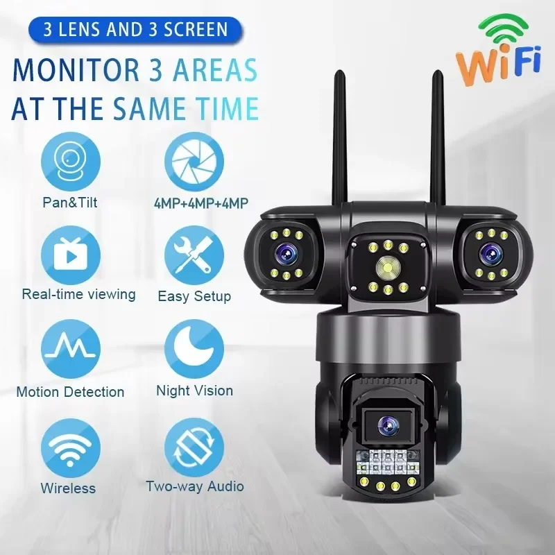 WiFi IP Camera Outdoor 12MP 6K Triple Lenses Triple Screens Security Video Monitor Night Vision Waterproof CCTV Cameras 4
