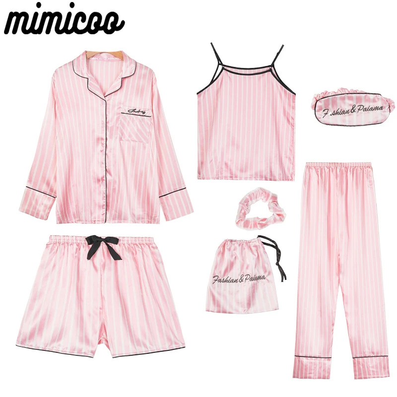 Pink Women's 7 Pieces Pajamas Sets Faux Silk Striped Pyjama Women Sleepwear Spring Summer Autumn Homewear Lounge Home Clothes women pajamas set,women pajama suit