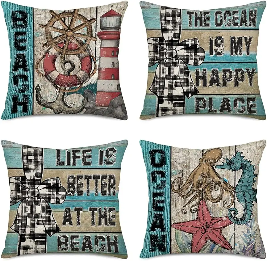 

Vintage beach sea creature pillow cover coastal aviation pillowcase linen home sofa cushion cover 40X40cm