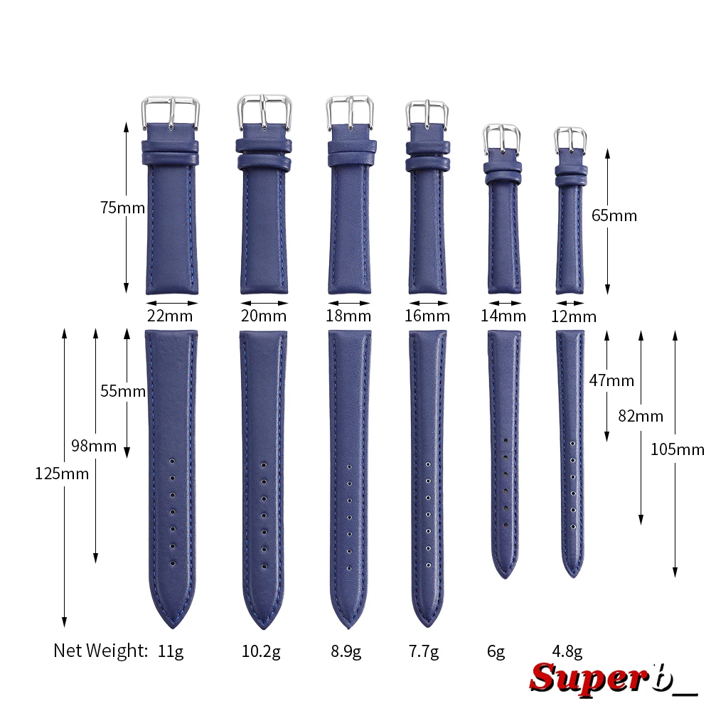 Premium Calfskin Leather Watch Strap – Soft Brown and Blue Wristband with Silver Stainless Steel Buckle
