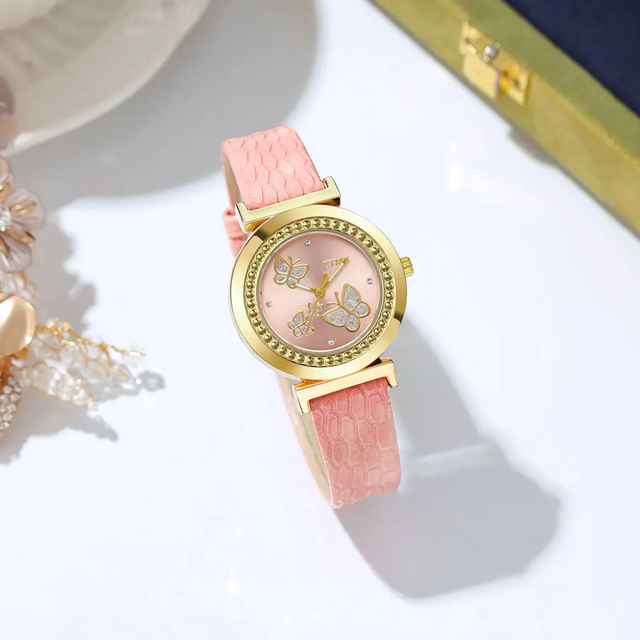 Fashionable Women's Gold Butterfly Diamond Quartz Watch Set