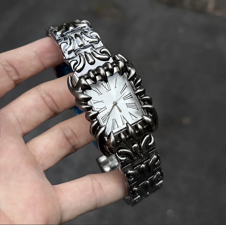 Y2K Square Watch Retro Silver Dial Quartz Unique Handmade Cyber