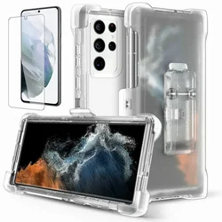 Shockproof Defender Hard Heavy Duty Clear Case with Belt Clip Holster and Screen Protector - Galaxy S24 Ultra (Case Clip and Glass)