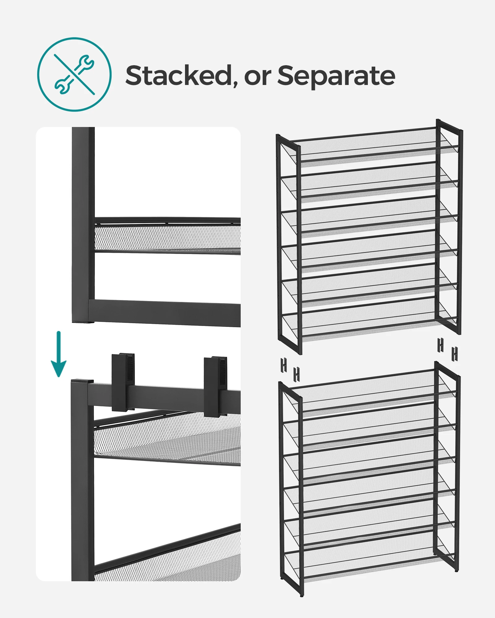 SONGMICS Shoe Rack, 12-Tier Shoe Organizer, Metal Shoe Storage for Garage, Entryway, Set of 2 6-Tier Stackable Shoe Shelf 5