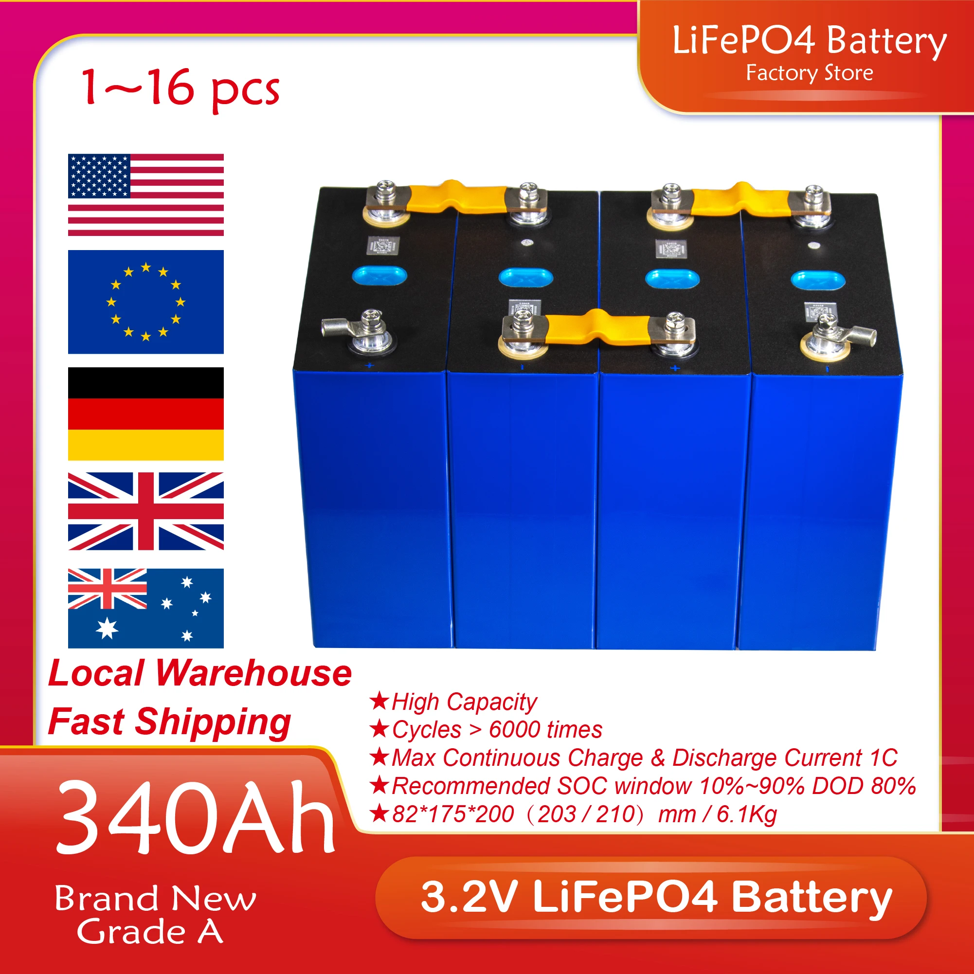 

4-32PCS 3.2V 340Ah LiFePO4 Battery DIY Deep Cycle Rechargeable Batteries Pack For RV Solar System Complete Cells EU US Duty Free