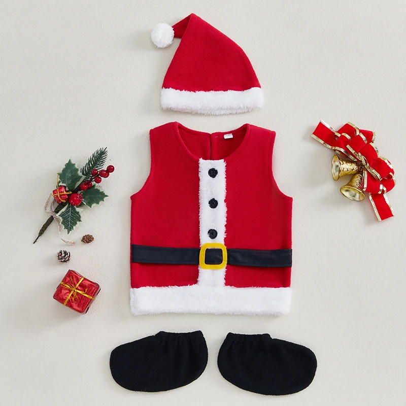 FOCUSNORM 0-24M Newborn Baby Boys Girls Christmas Set Santa Claus Terry Trim Sleeveless Vest Hats Socks Winter Outfits