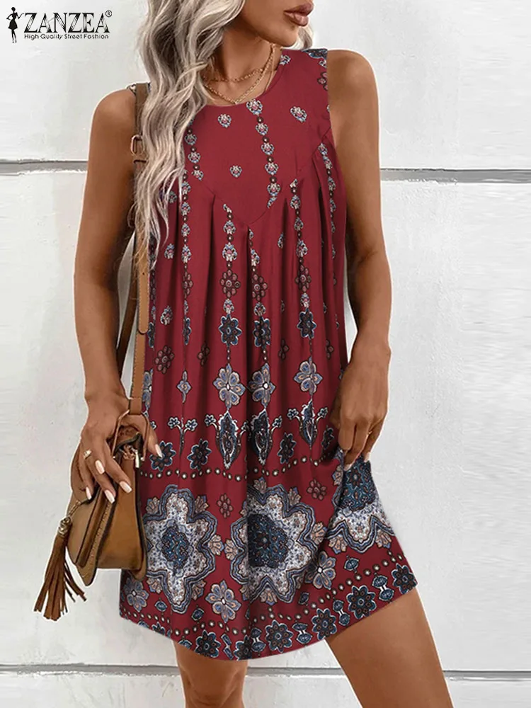 

ZANZEA Summer Vintage Sleeveless Mini Sundress Bohemian Floral Printed Beach Dress Women Casual Holiday Party Vestido Sarafans